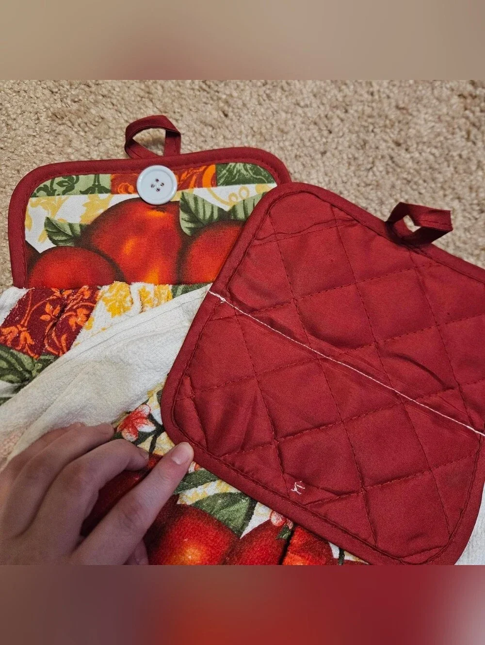 2 Handcrafted Towels Attached To Potholders | Red + White | Apples | Oven Mitt